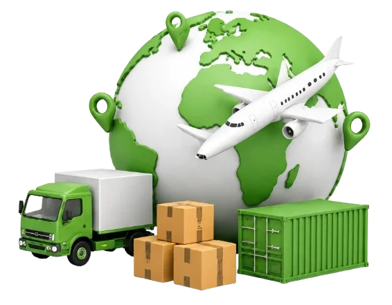 Worldwide delivery — globe, truck, plane and shipping containers